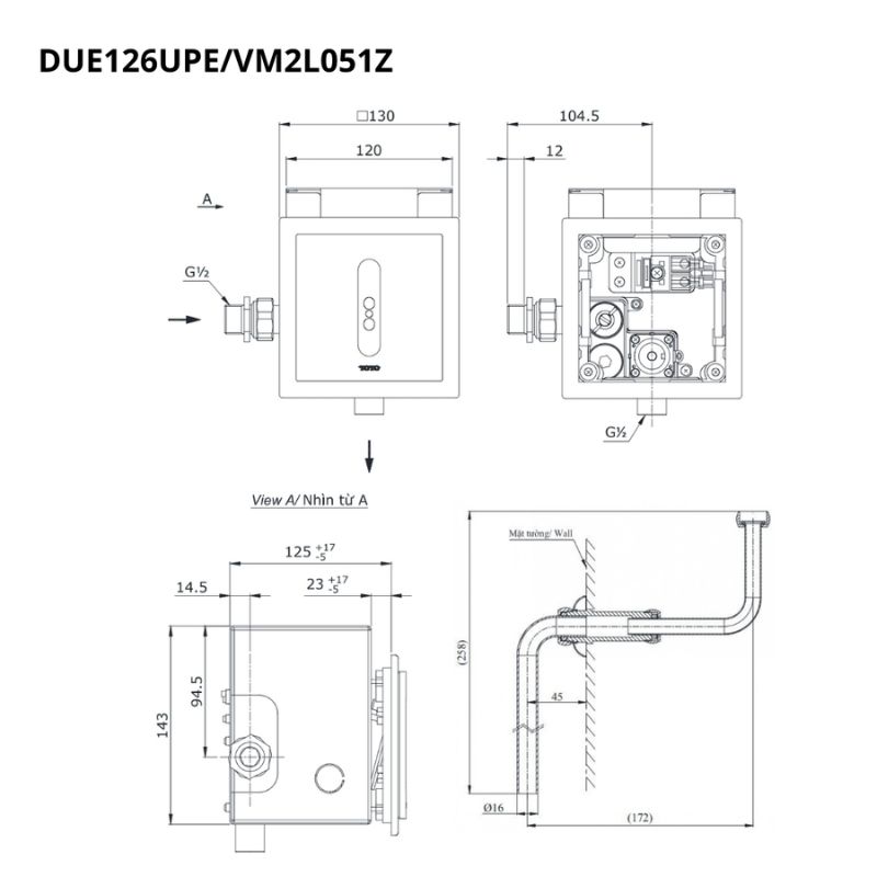 Van xả tiểu TOTO DUE126UPE VM2L051Z cảm ứng dùng điện kèm ống nối